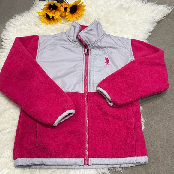 U.S. Polo Assn. Girls Fleece Pink Gray Full Zip Jacket With Logos Size S (7/8) ! - Picture 1 of 9